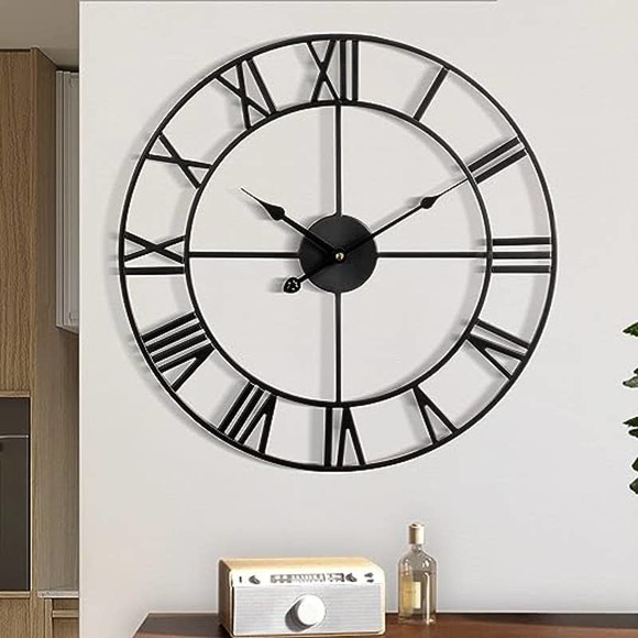 18.5 inch Large Wall Clock, Metal Retro Roman Numeral Clock, Black - Picture 2 of 6